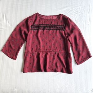 Womens S Small Burgundy Boho Blouse Caged Bird Lace Red Heart Small Print